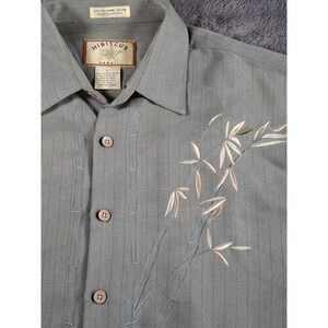 Hibiscus Hawaii Mens Shirt Large Embriodered Bambo Leaf Green Rayon